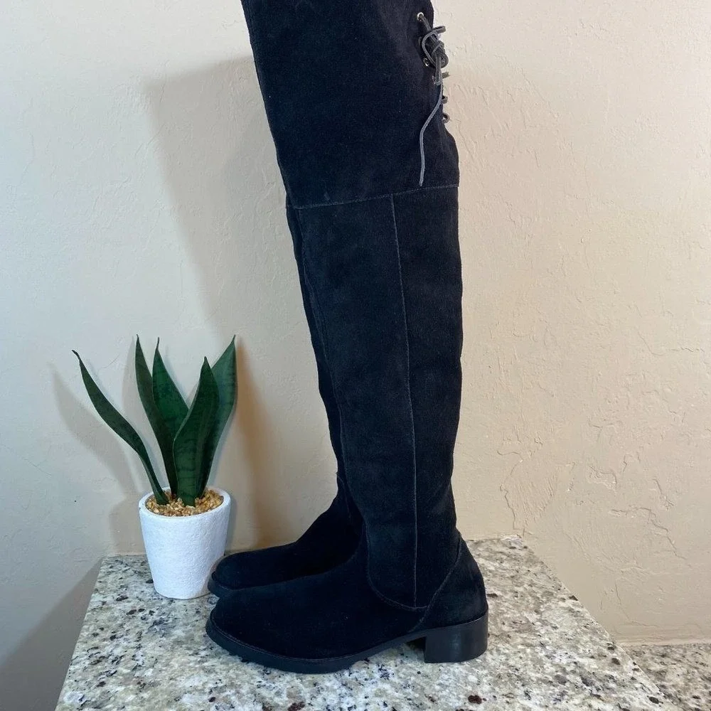 Womens Black Suede Over‎ The Knee Boots Lace Up Back Block Heel Size 8